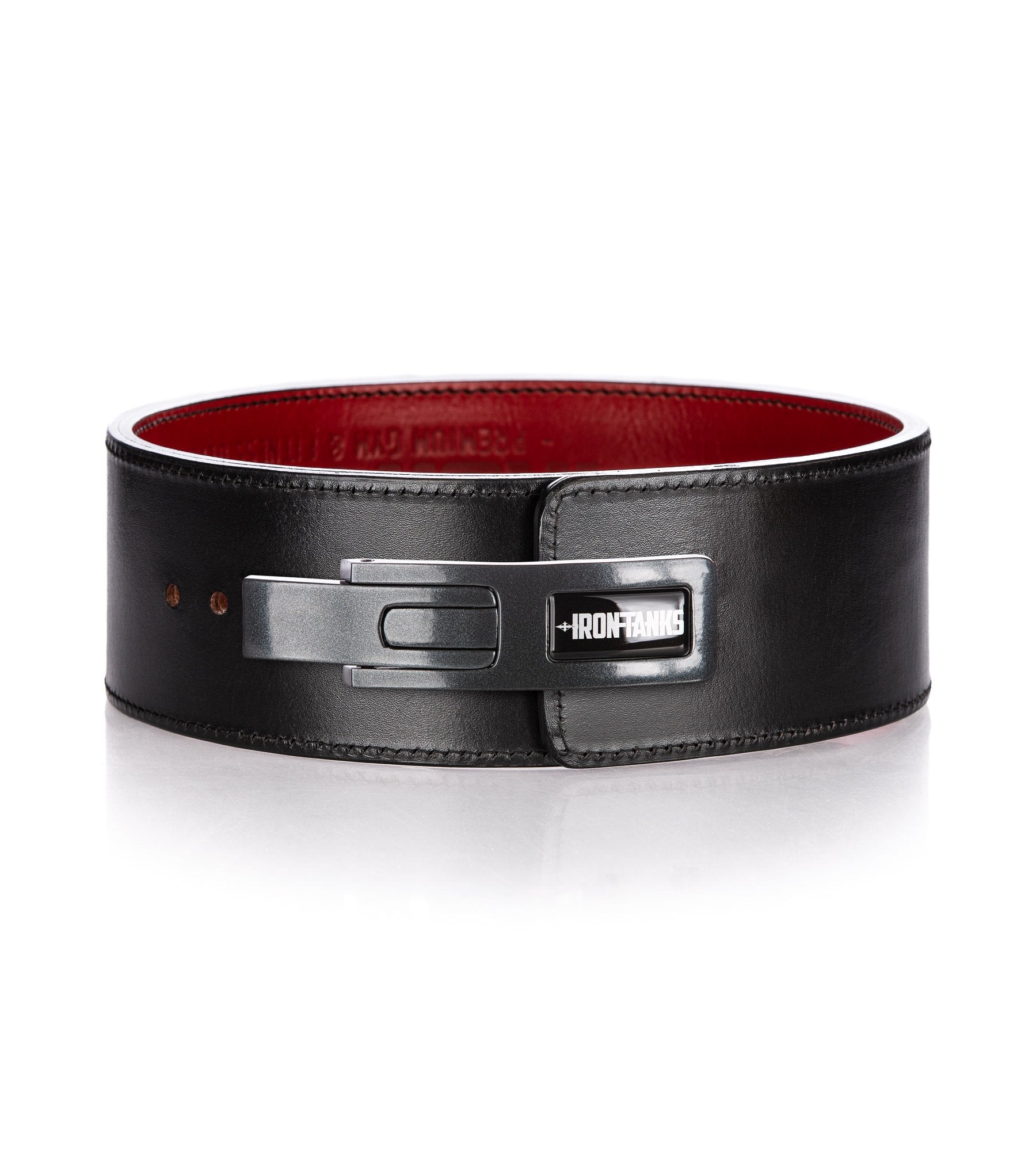 Black 10mm Lever Belt. Dual sided IPF weightlifting bodybuilding belt with metallic grey lever buckle.