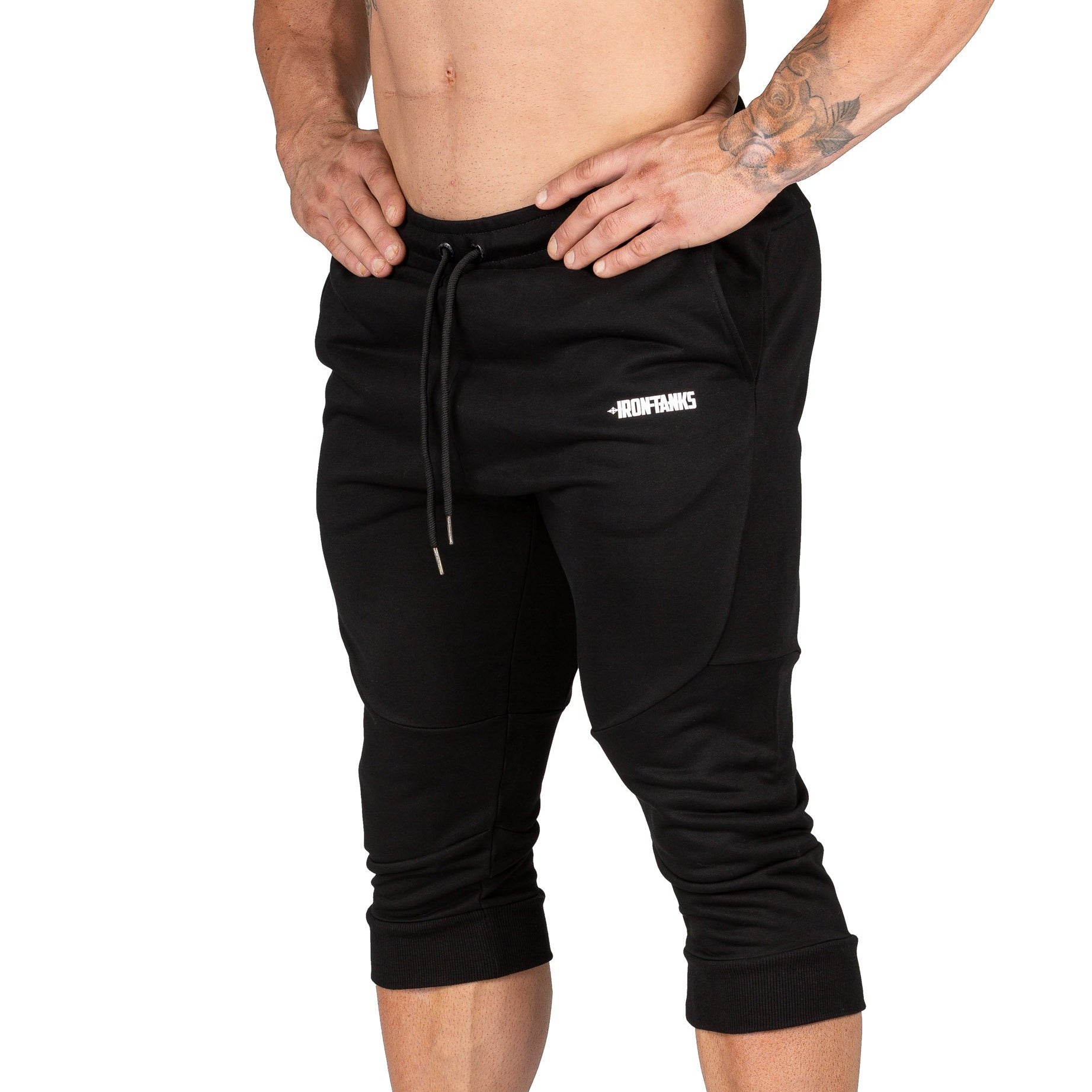 Men's 3/4 Gym Pants Black Bodybuilding Workout Training | Iron Tanks