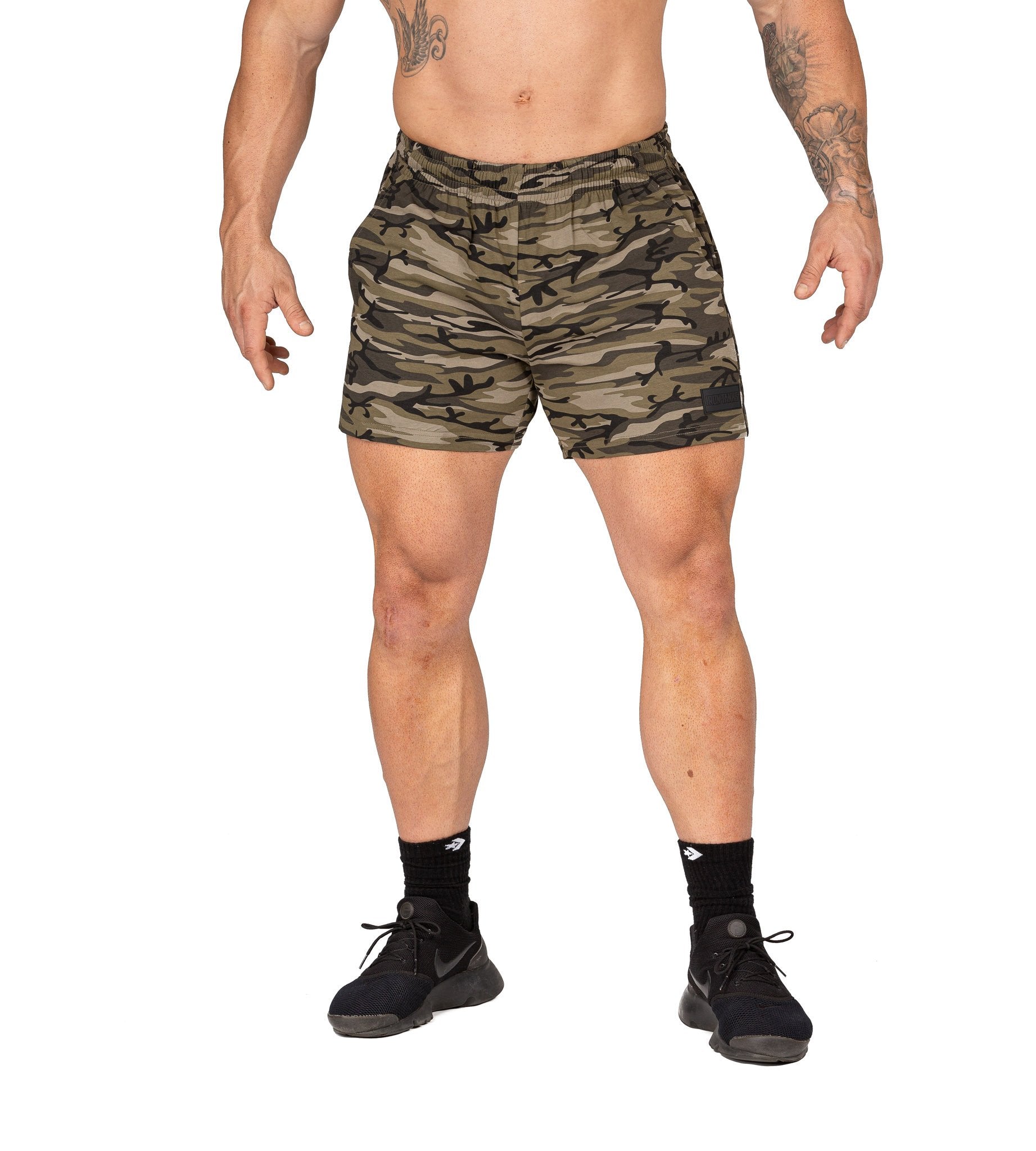 Men's Gym Shorts Woodland Camo Bodybuilding Training | Iron Tanks