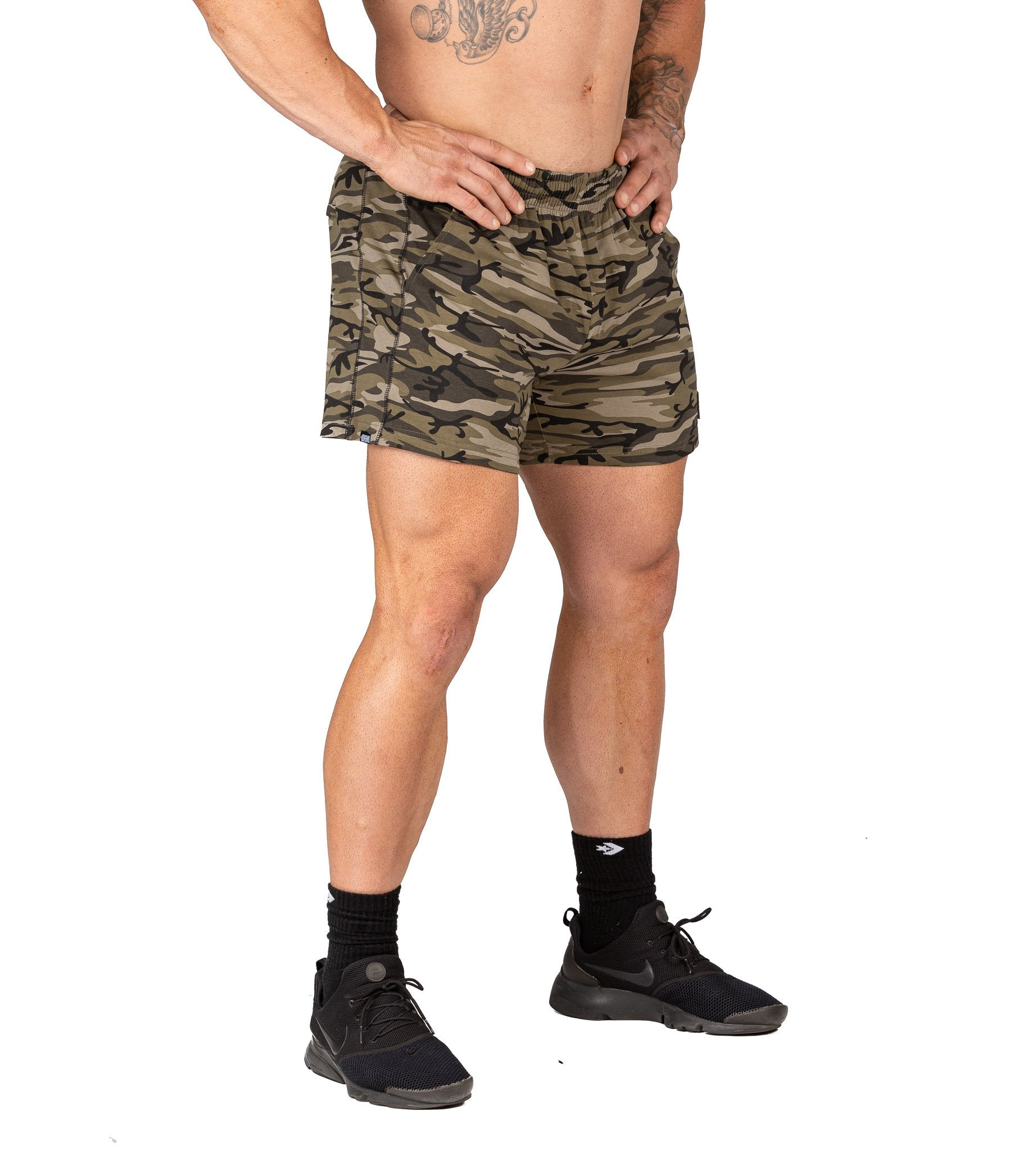 Men's Gym Shorts Woodland Camo Bodybuilding Training | Iron Tanks