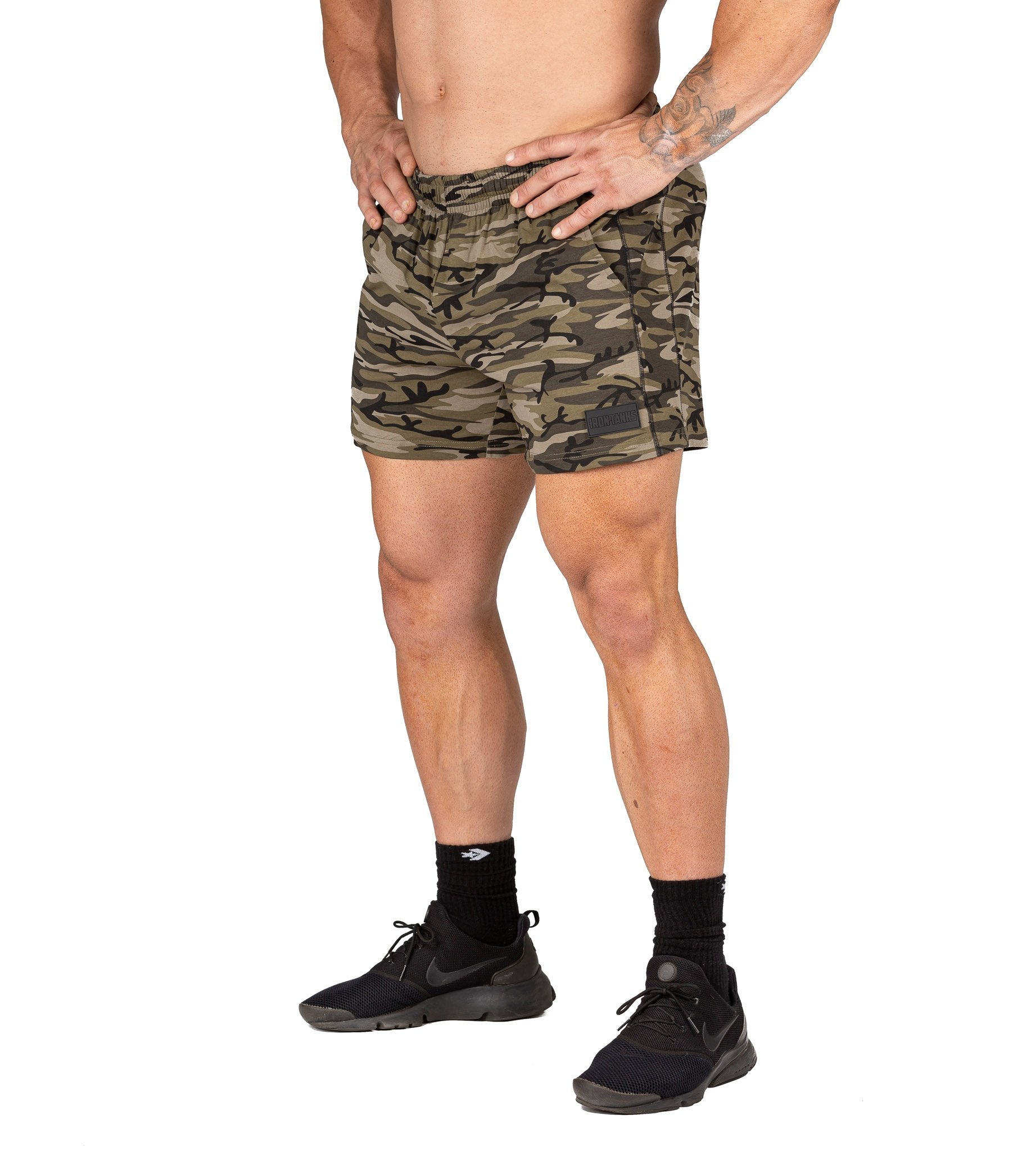 Men's Gym Shorts Woodland Camo Bodybuilding Training | Iron Tanks