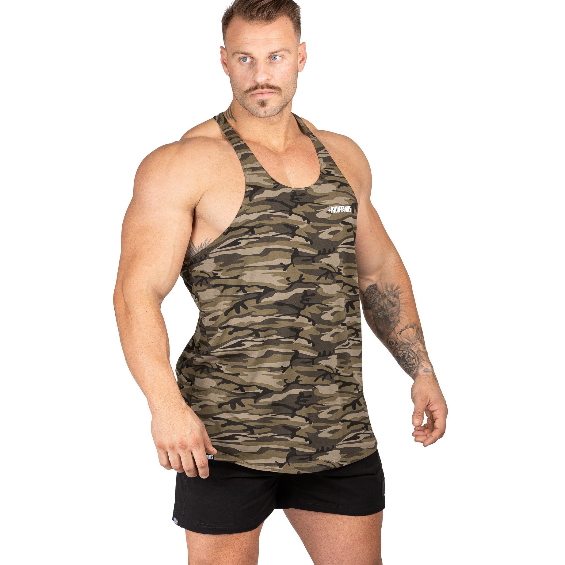 Men's T Back Woodland Camo Bodybuilding Workout Singlet | Iron Tanks
