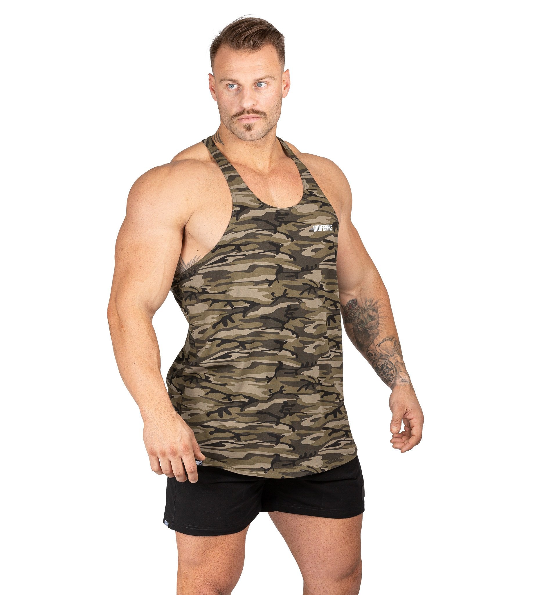 Men's T Back Woodland Camo Bodybuilding Workout Singlet | Iron Tanks