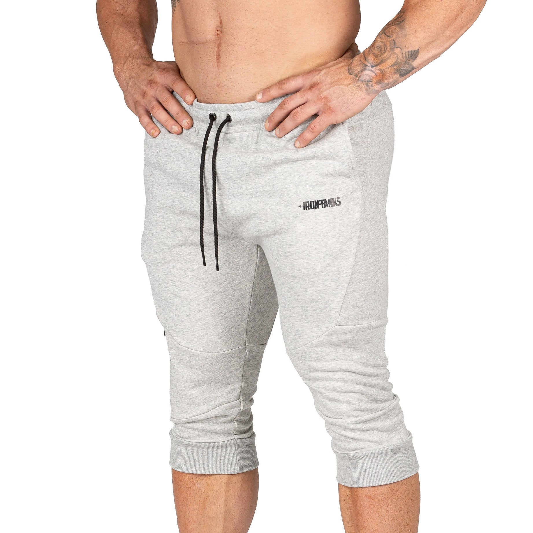 Mens 3/4 Gym Pants Grey Bodybuilding Workout Training | Iron Tanks