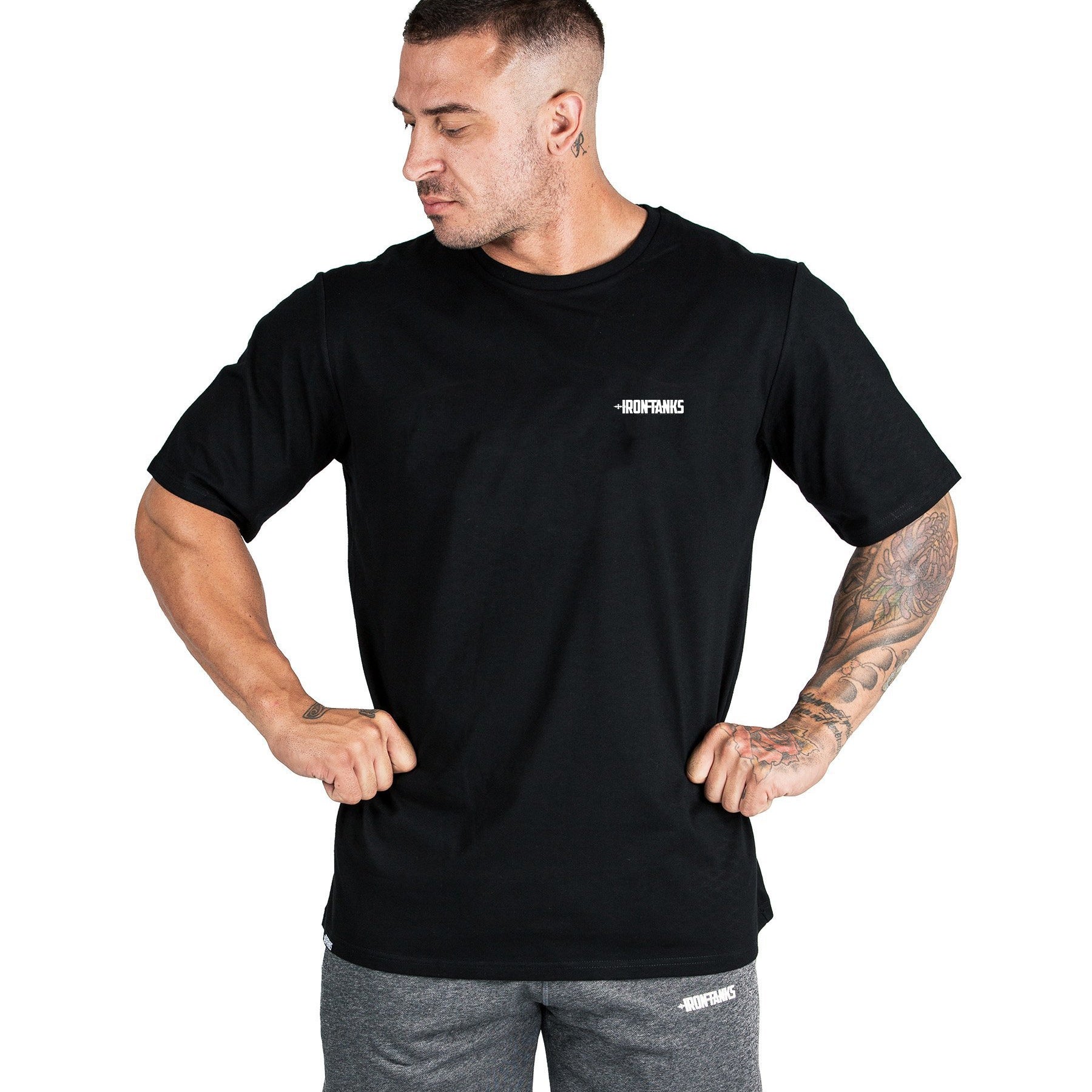 Mens Gym Tee Bodybuilding Workout T-Shirt Oversized Black | Iron Tanks