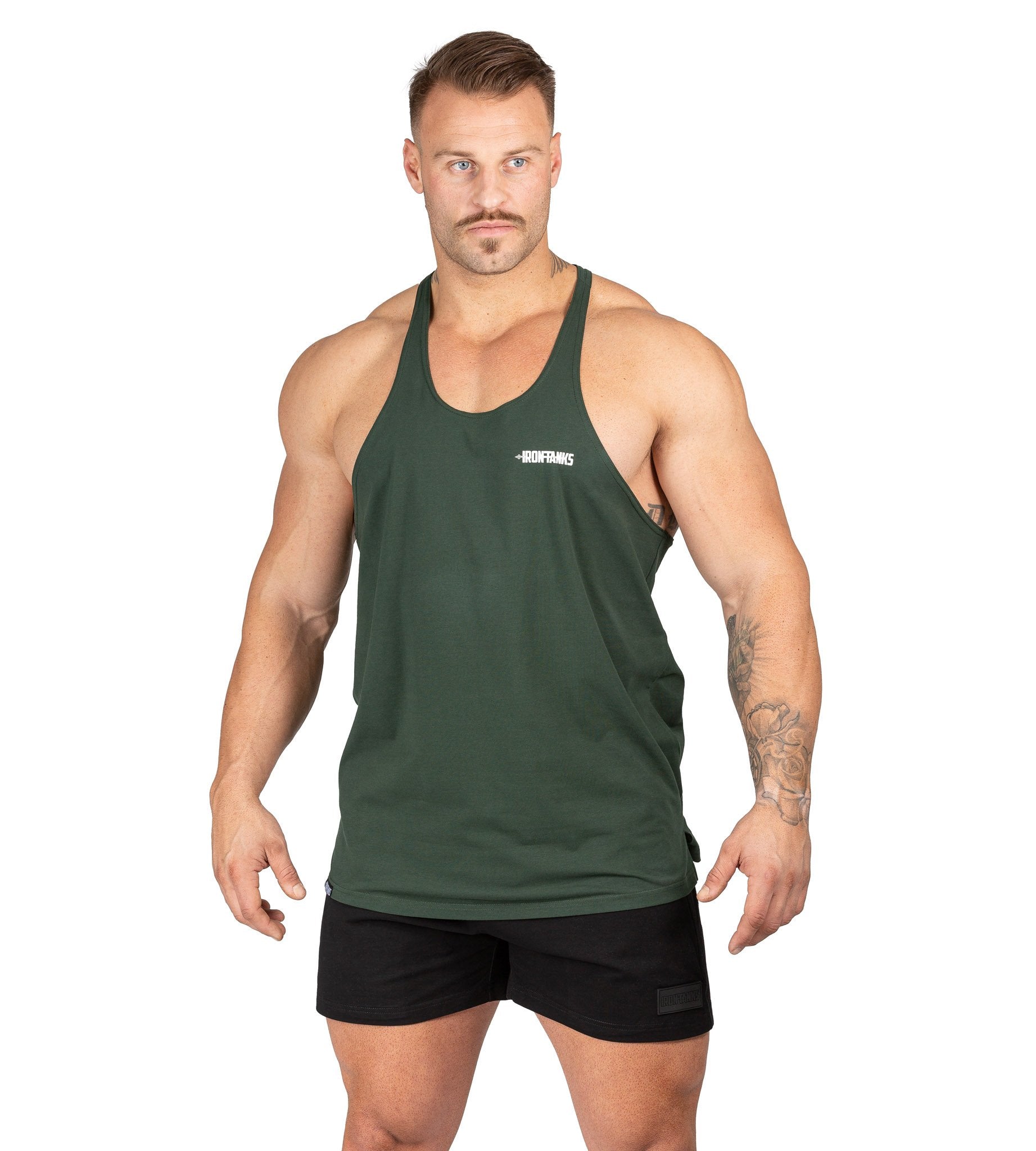 Men's Alpha T Back Gym Bodybuilding Razorback Khaki Green | Iron Tanks