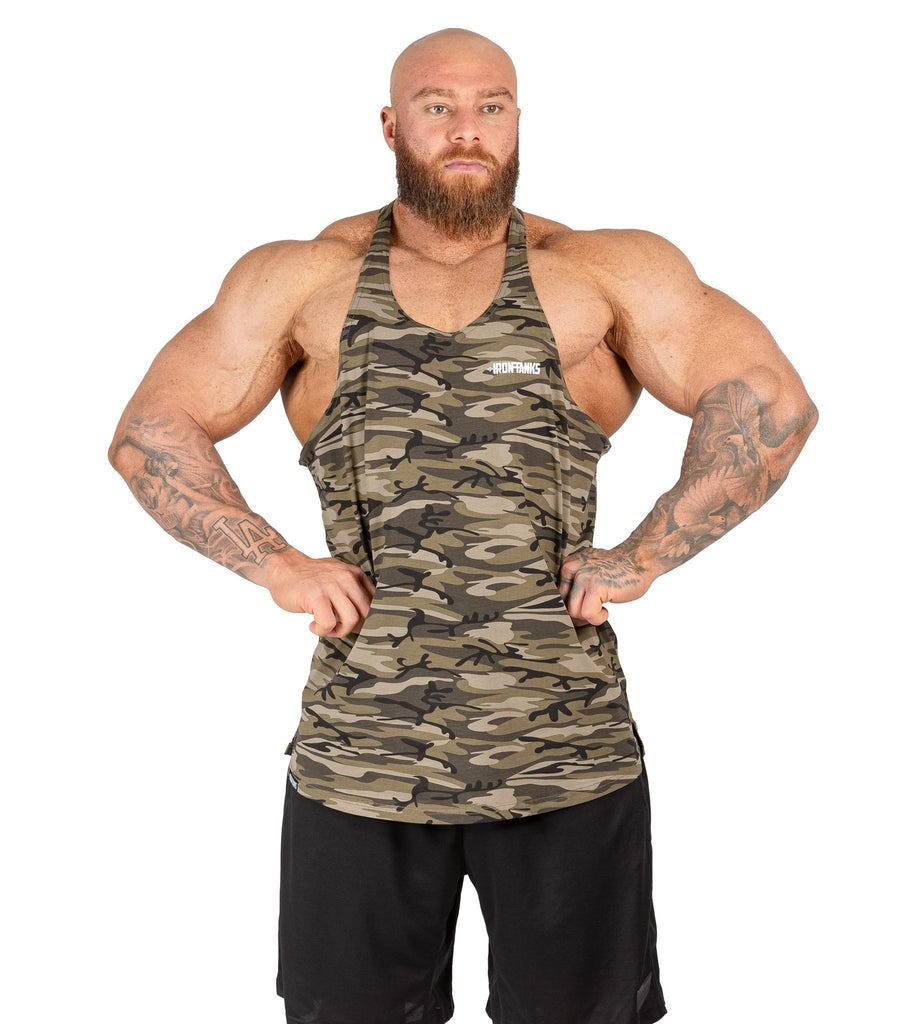 Men's T Back Woodland Camo Bodybuilding Workout Singlet | Iron Tanks